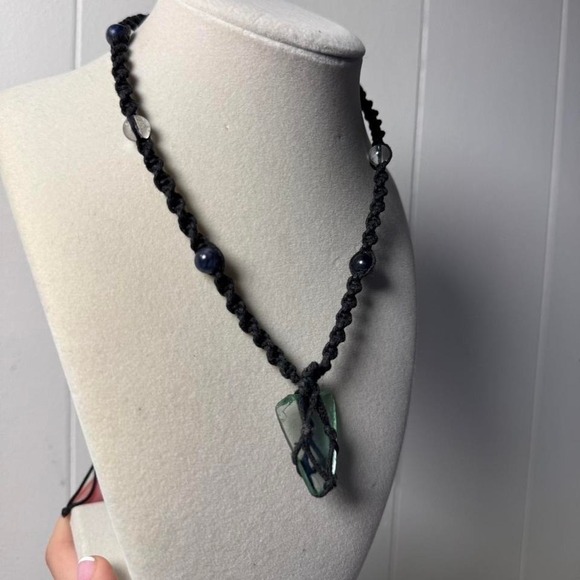 Handmade Macrame Sea Glass Necklace Black Cord Lapis Lazuli Quartz Boho Pendant - Picture 7 of 8